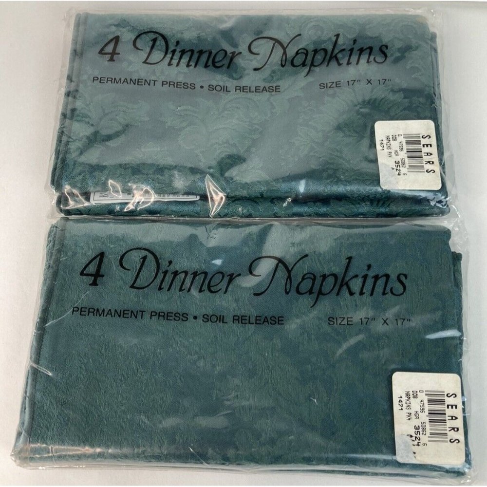 8-Vintage Sears Green Floral Dinner Napkins Soil Release Perm Press